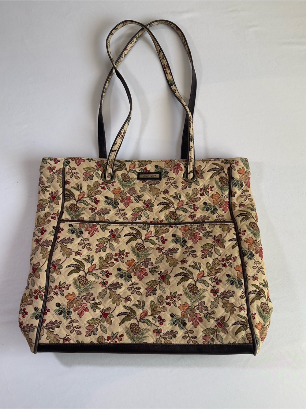 Longaberger Beige Floral Tapestry Tote with Brown Trim